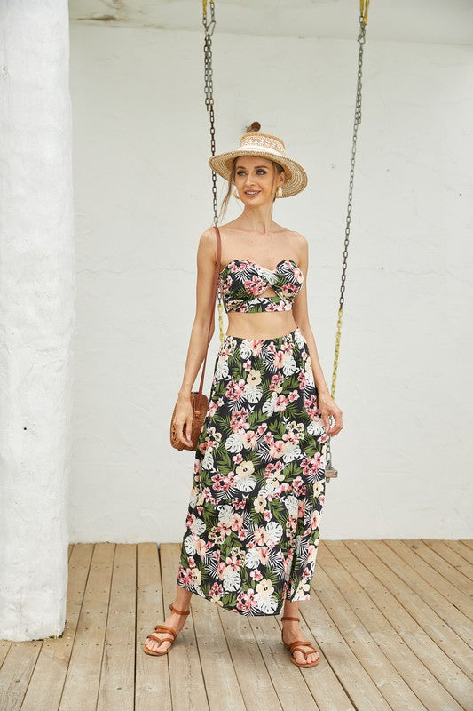 Women Floral Long Skirt and Crop Top  Set