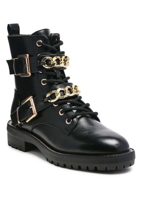 HardCore Biker Combat Boots Metal Chain Lace Up Boots