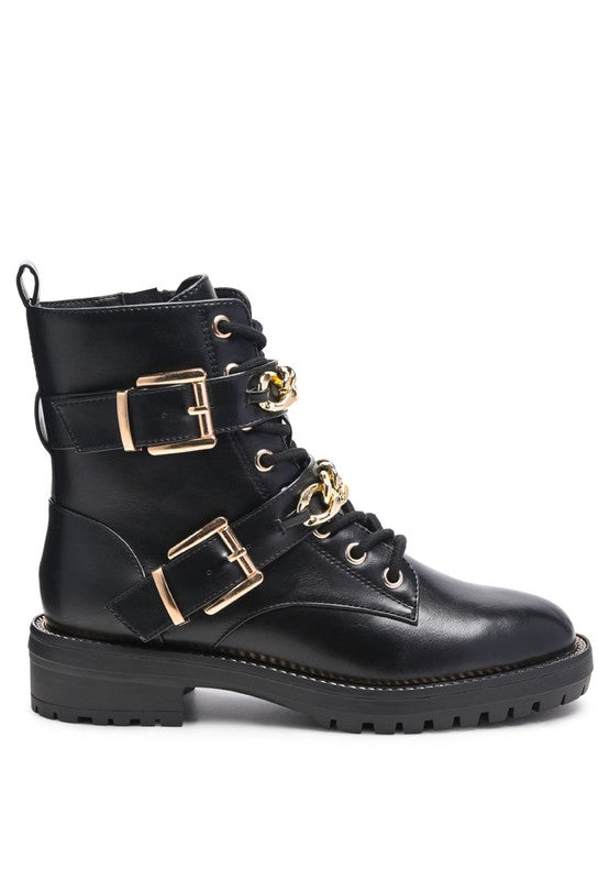 HardCore Biker Combat Boots Metal Chain Lace Up Boots