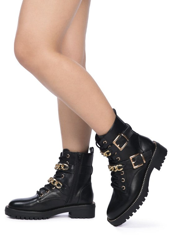 HardCore Biker Combat Boots Metal Chain Lace Up Boots