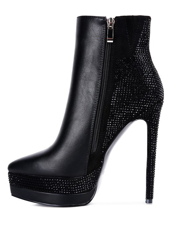 ENCANTO Bejeweled Platform Pu Leather High Heeled Ankle Boot