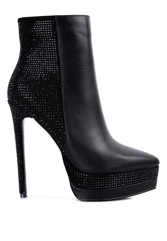 ENCANTO Bejeweled Platform Pu Leather High Heeled Ankle Boot