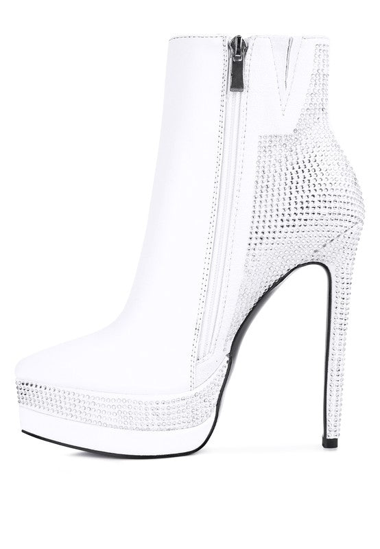 ENCANTO Bejeweled Platform Pu Leather High Heeled Ankle Boot