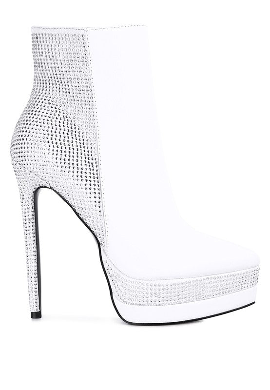 ENCANTO Bejeweled Platform Pu Leather High Heeled Ankle Boot