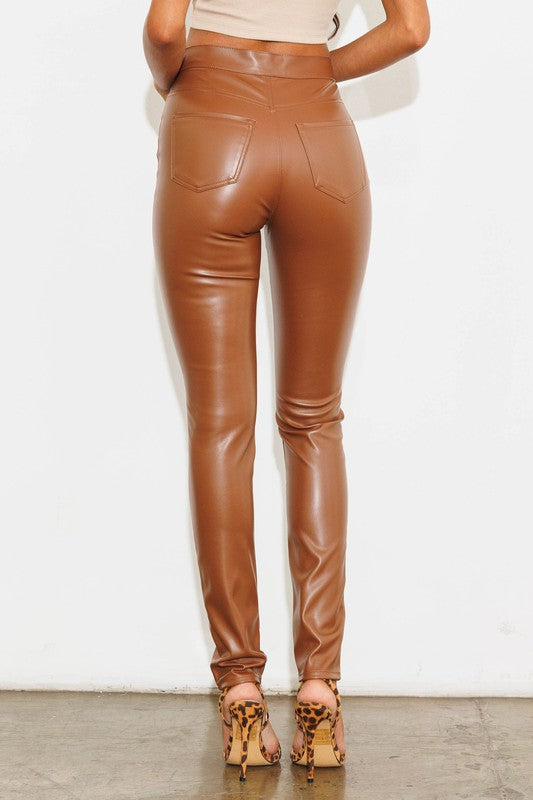 Vegan Leather Button Skinny Liquid Pants