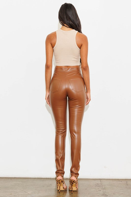 Vegan Leather Button Skinny Liquid Pants