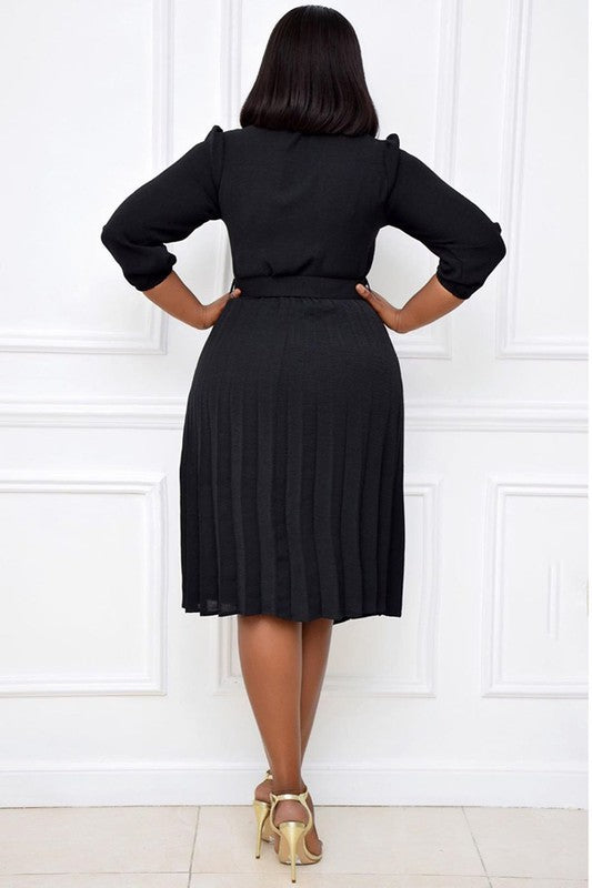 Knee Length Pleated Long Sleeve Dress