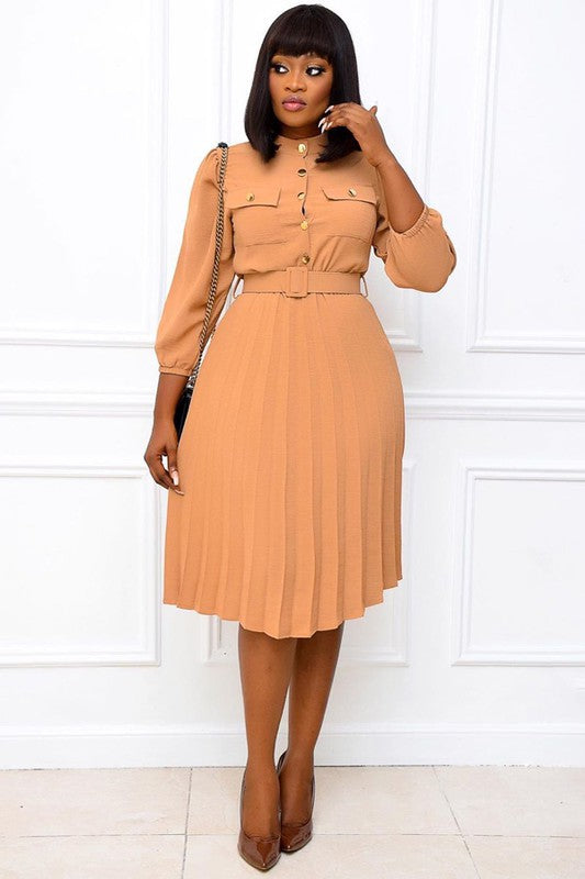 Knee Length Pleated Long Sleeve Dress