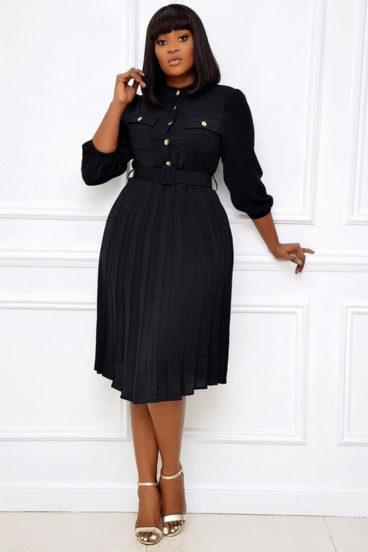 Knee Length Pleated Long Sleeve Dress