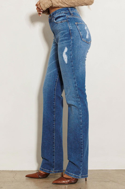 High Rise Subtle Distressed Straight Jeans