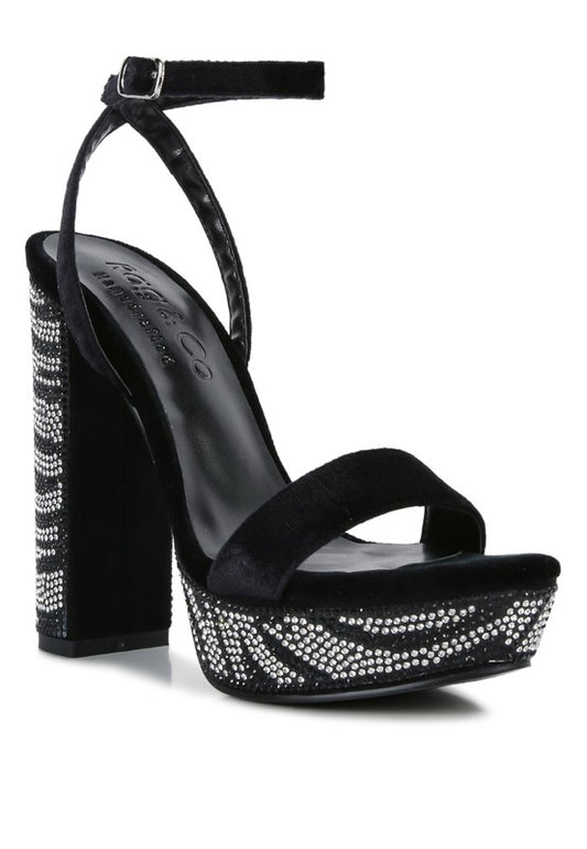 Animal Print Velvet /Diamante Studded Block Heel Sandals