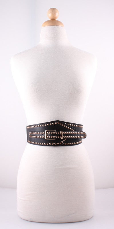 Wide Accent Black Pu Leather Belt with Gold Studs