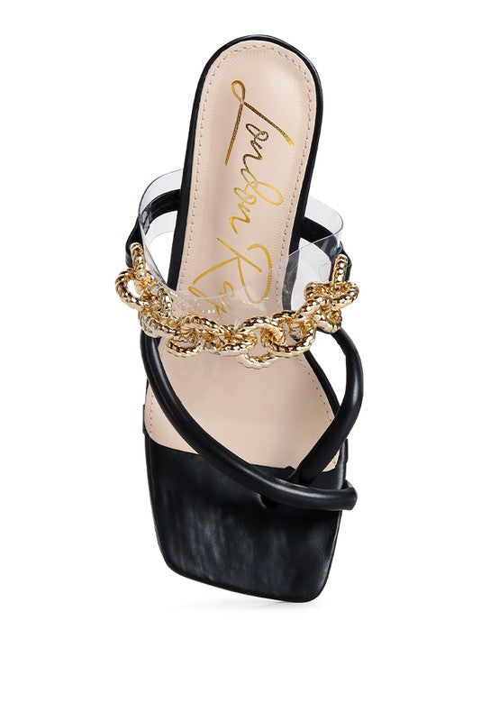 Social Bee Link Chain Embellished Heel Slide In Dressy Sandals