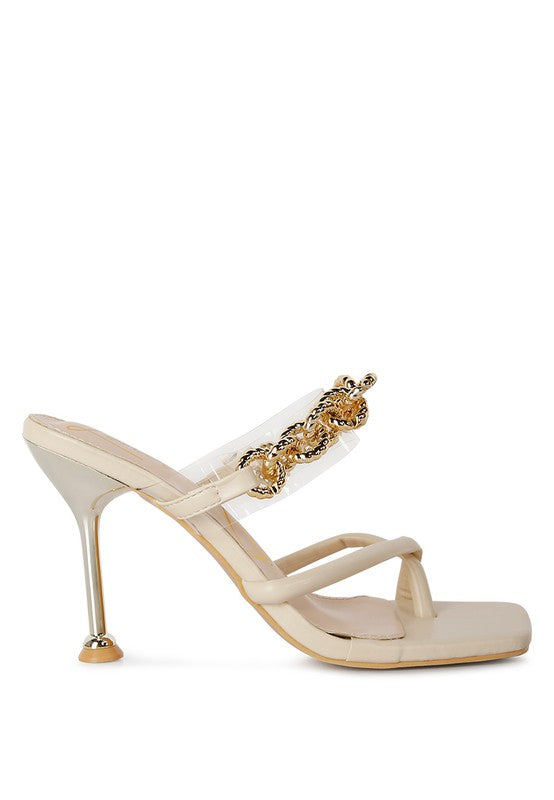 Social Bee Link Chain Embellished Heel Slide In Dressy Sandals