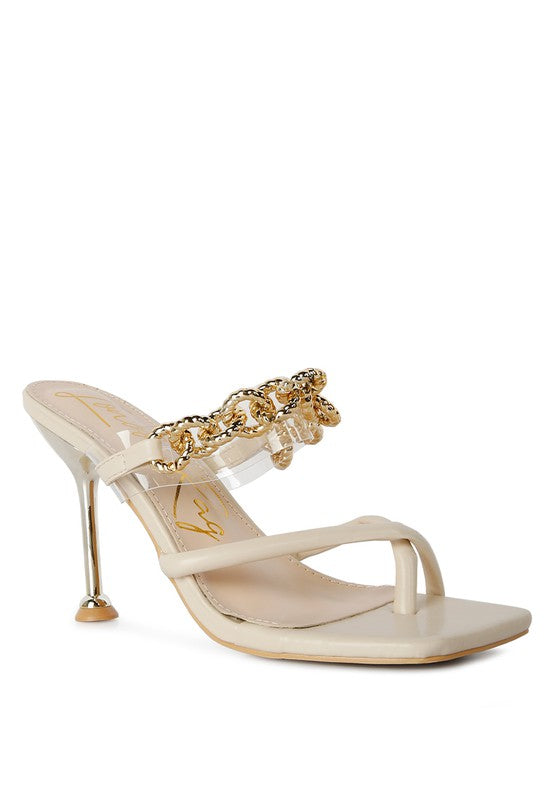 Social Bee Link Chain Embellished Heel Slide In Dressy Sandals