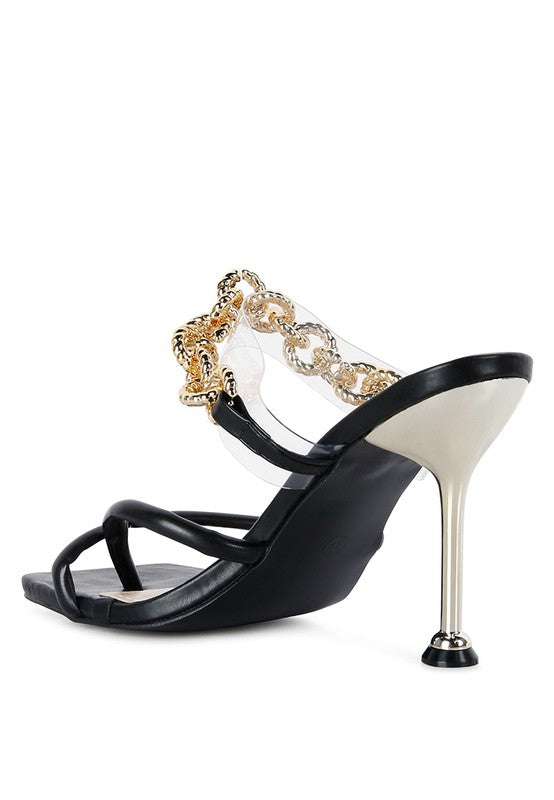 Social Bee Link Chain Embellished Heel Slide In Dressy Sandals