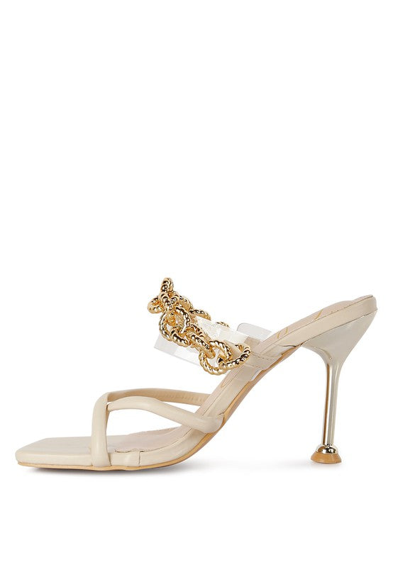 Social Bee Link Chain Embellished Heel Slide In Dressy Sandals