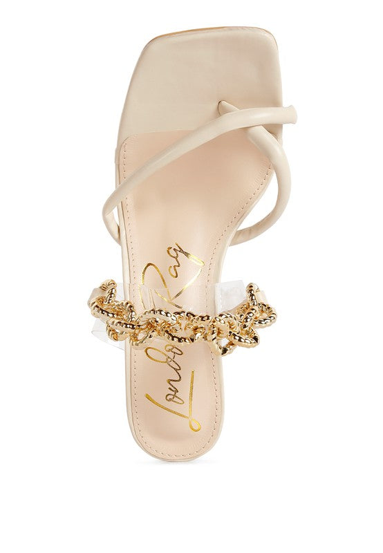 Social Bee Link Chain Embellished Heel Slide In Dressy Sandals