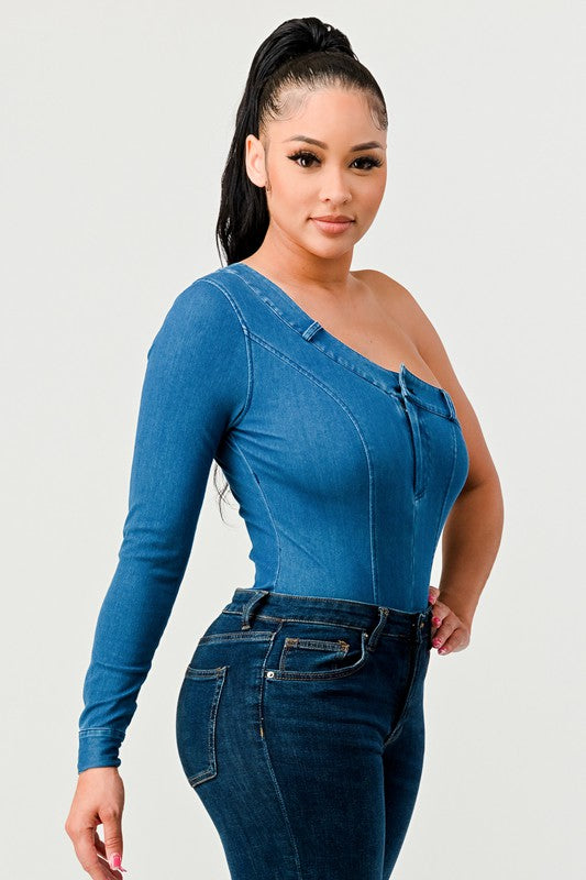 Snug Fitting Denim One Sleeve Bodysuit