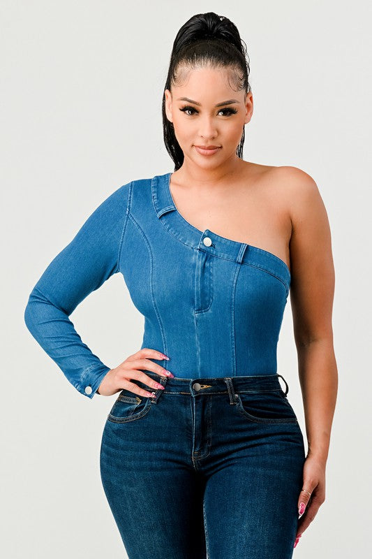 Snug Fitting Denim One Sleeve Bodysuit