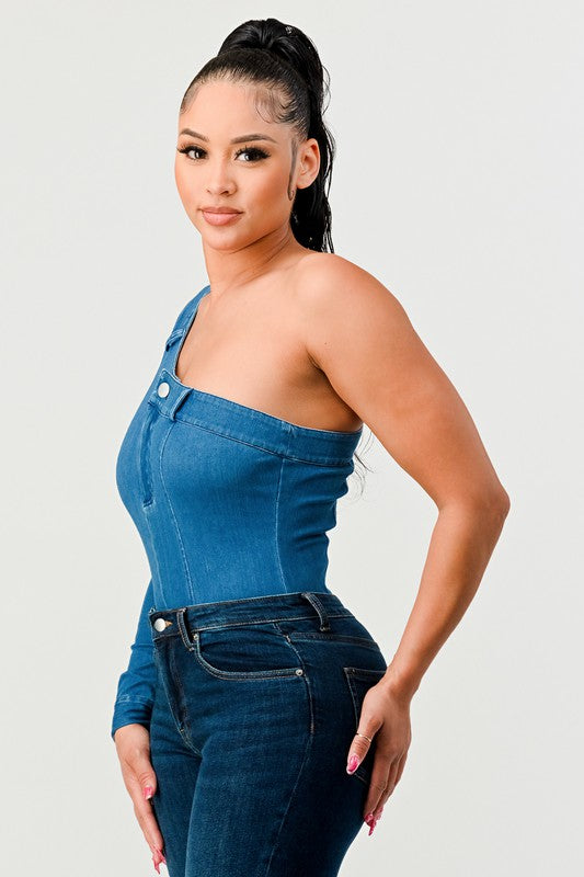 Snug Fitting Denim One Sleeve Bodysuit