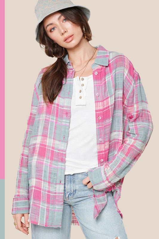 Plaid Pink Button Up Flannel Shirt