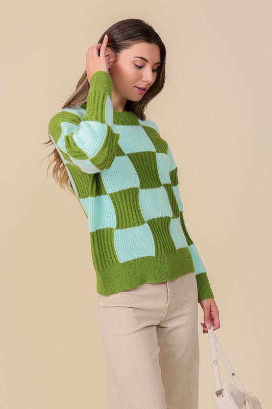 Two Tone Green And Light Blue Checkboard Sweater