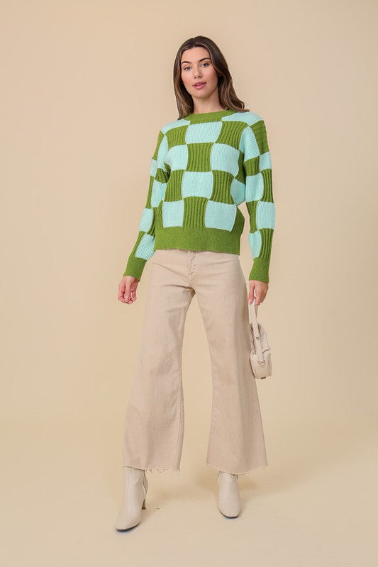 Two Tone Green And Light Blue Checkboard Sweater