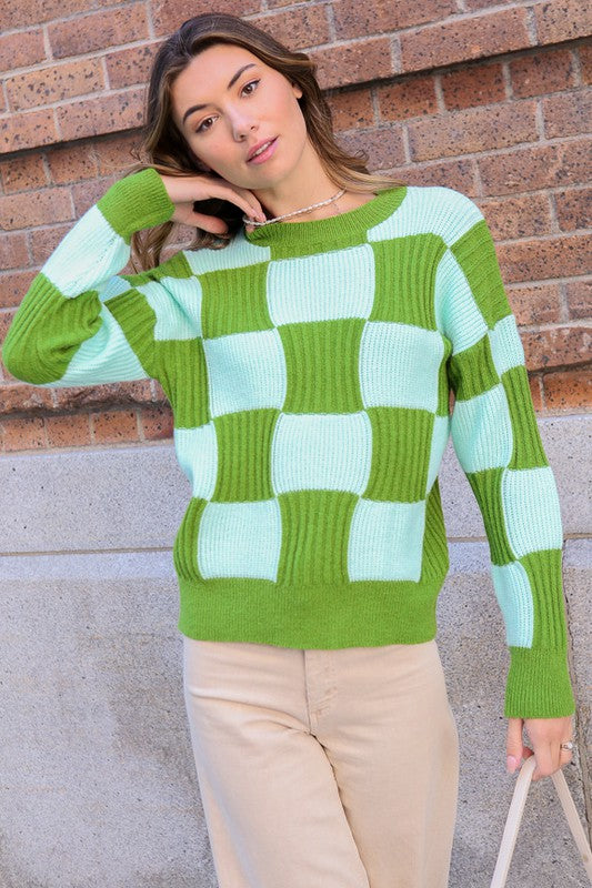 Two Tone Green And Light Blue Checkboard Sweater