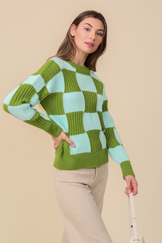 Two Tone Green And Light Blue Checkboard Sweater