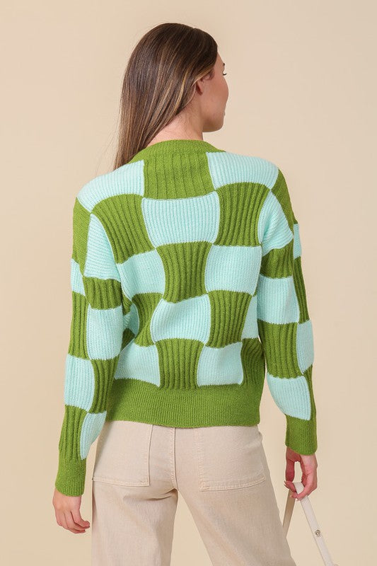 Two Tone Green And Light Blue Checkboard Sweater