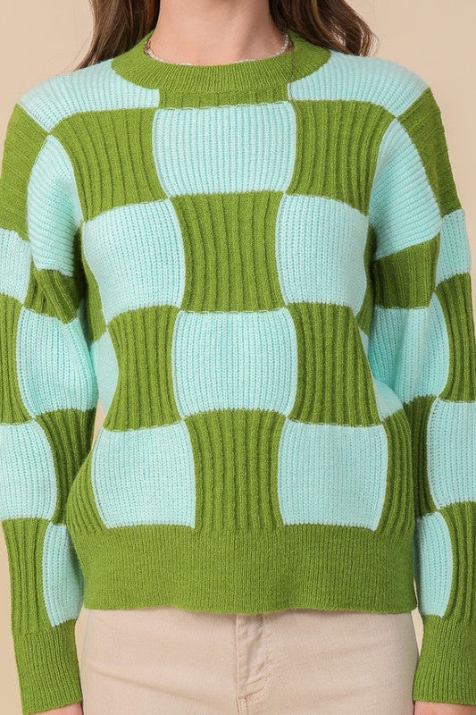 Two Tone Green And Light Blue Checkboard Sweater