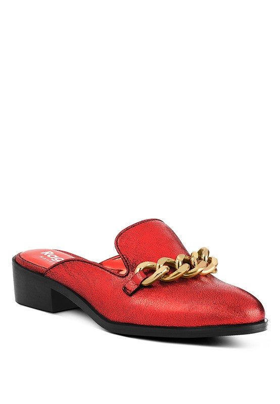 Leather Mules with Gold Chain