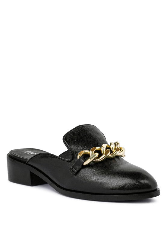 Leather Mules with Gold Chain