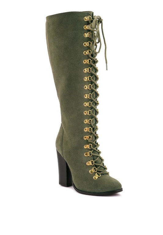 Women Lace Up Knee High Boots With Metal Eyelets