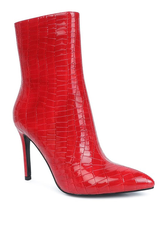 Crocodile Textured Side Zip Patent Leather Ankle Boot