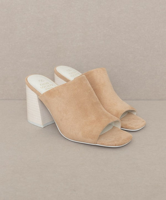 Suede Tan Open Toe Mules  Block Slides