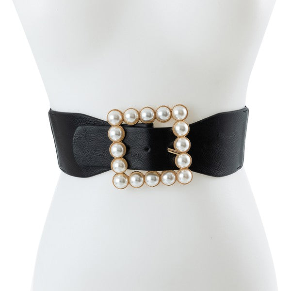 Black Wide Belt with Pearl Buckle