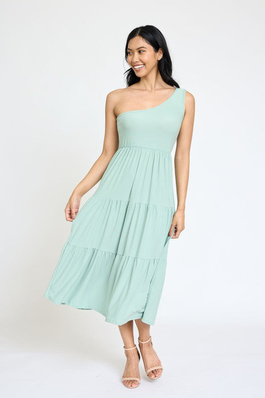 One Shoulder Ruffle Midi Dress