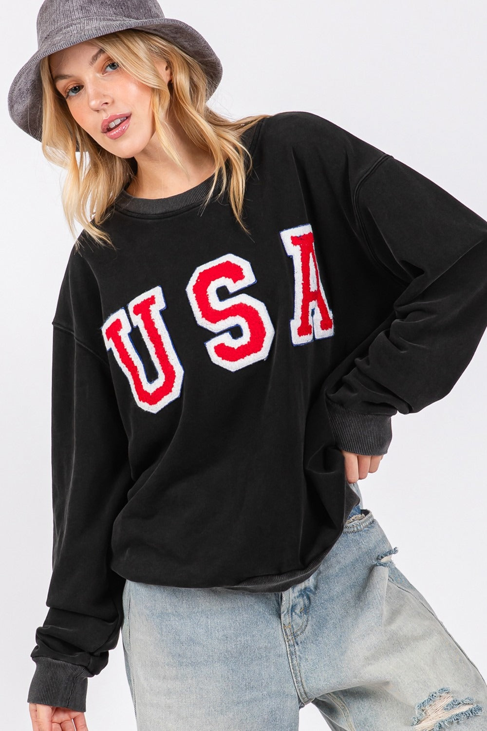 Sage + Fig USA Letter Patch Round Neck Sweatshirt