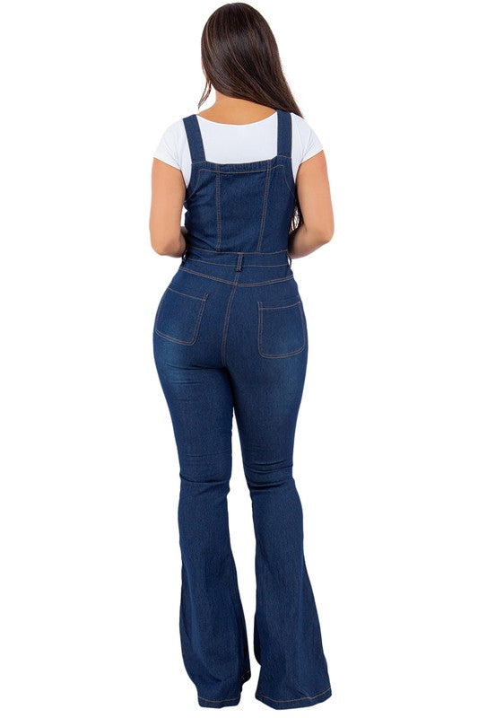 Denim Stretch Overall Flare Leg Jean Jumpsuit