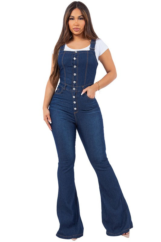 Denim Stretch Overall Flare Leg Jean Jumpsuit