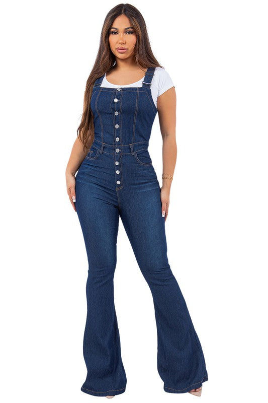 Denim Stretch Overall Flare Leg Jean Jumpsuit