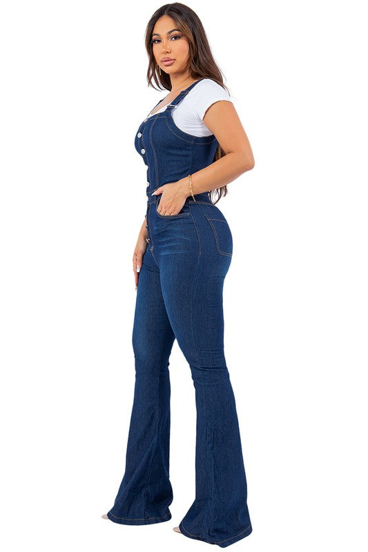 Denim Stretch Overall Flare Leg Jean Jumpsuit