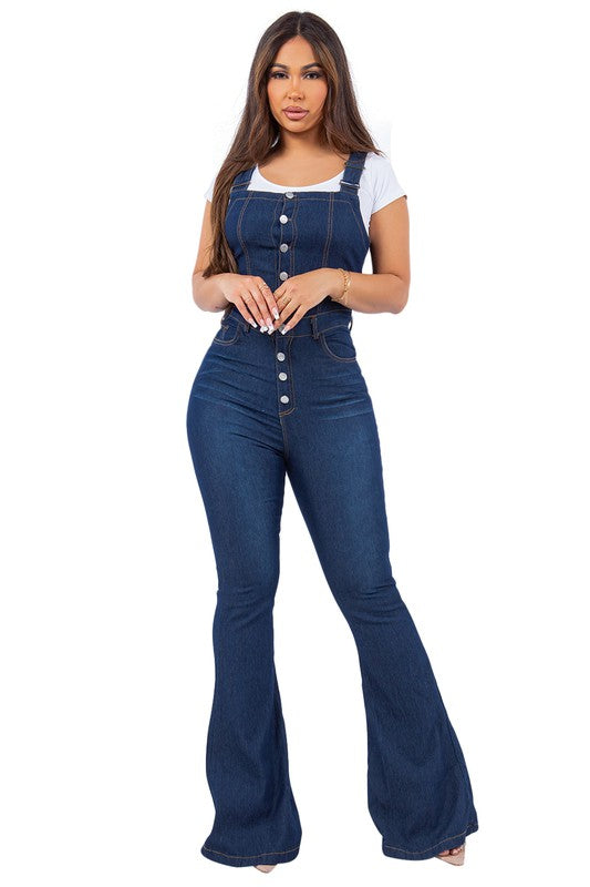 Denim Stretch Overall Flare Leg Jean Jumpsuit