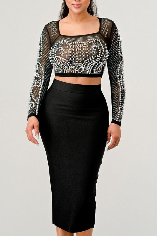 Sexy Pearls Mesh Beaded Crop Top Two Piece Skirt Set