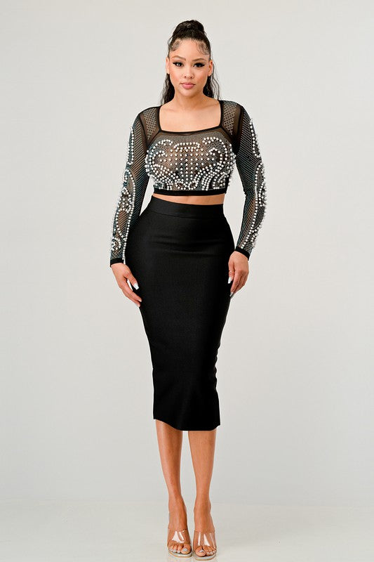 Sexy Pearls Mesh Beaded Crop Top Two Piece Skirt Set