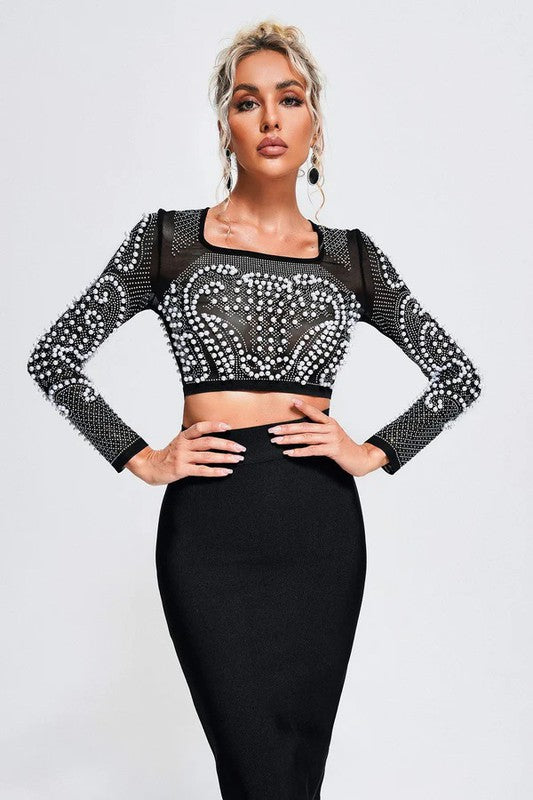 Sexy Pearls Mesh Beaded Crop Top Two Piece Skirt Set