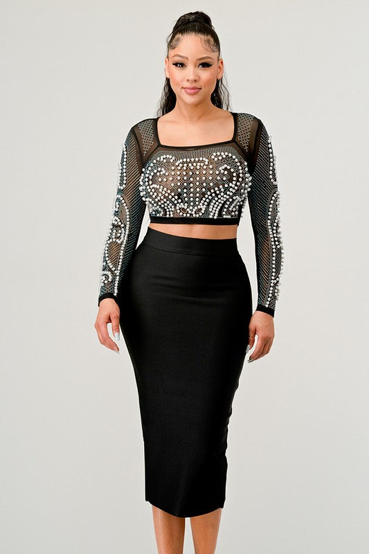 Sexy Pearls Mesh Beaded Crop Top Two Piece Skirt Set