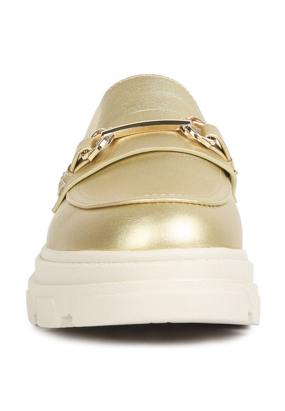 Women Metallic Gold Platform Loafers